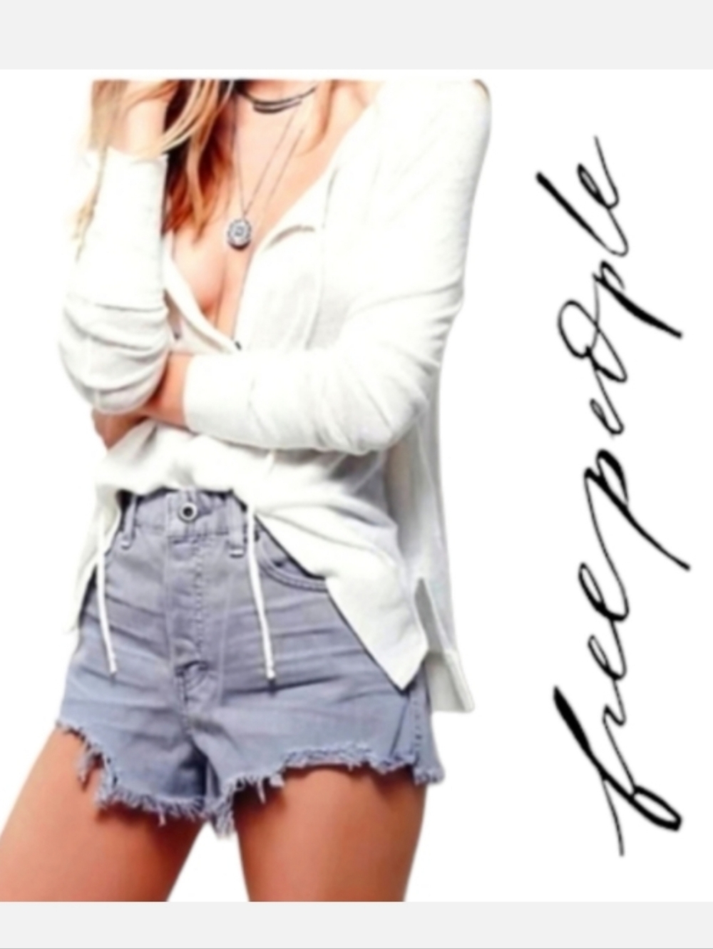 Free People Logan Cutoff Denim Shorts Distressed High Rise Soft Gray Sz 24